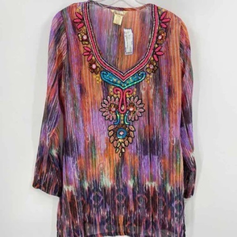 Lucky & Coco Womens Size M Boho Beaded Colorful Statement Swim Coverup Tunic